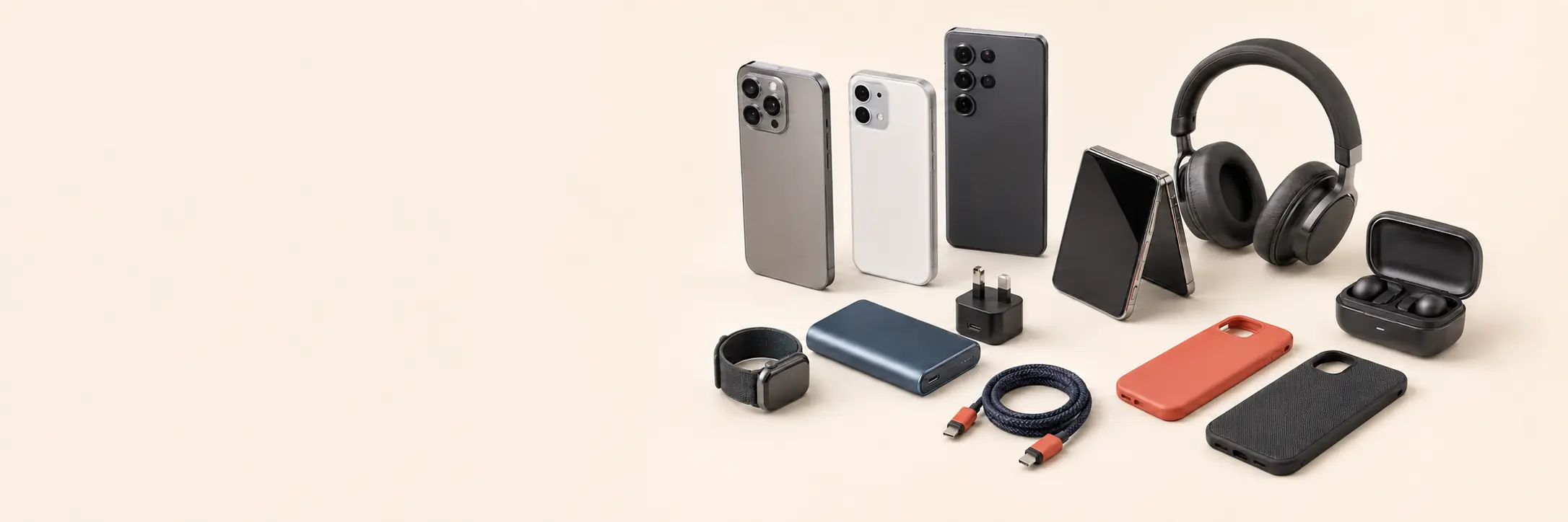 Illustrative selection of smartphones, foldable phone, earbuds, headphones, smartwatch and mobile accessories.